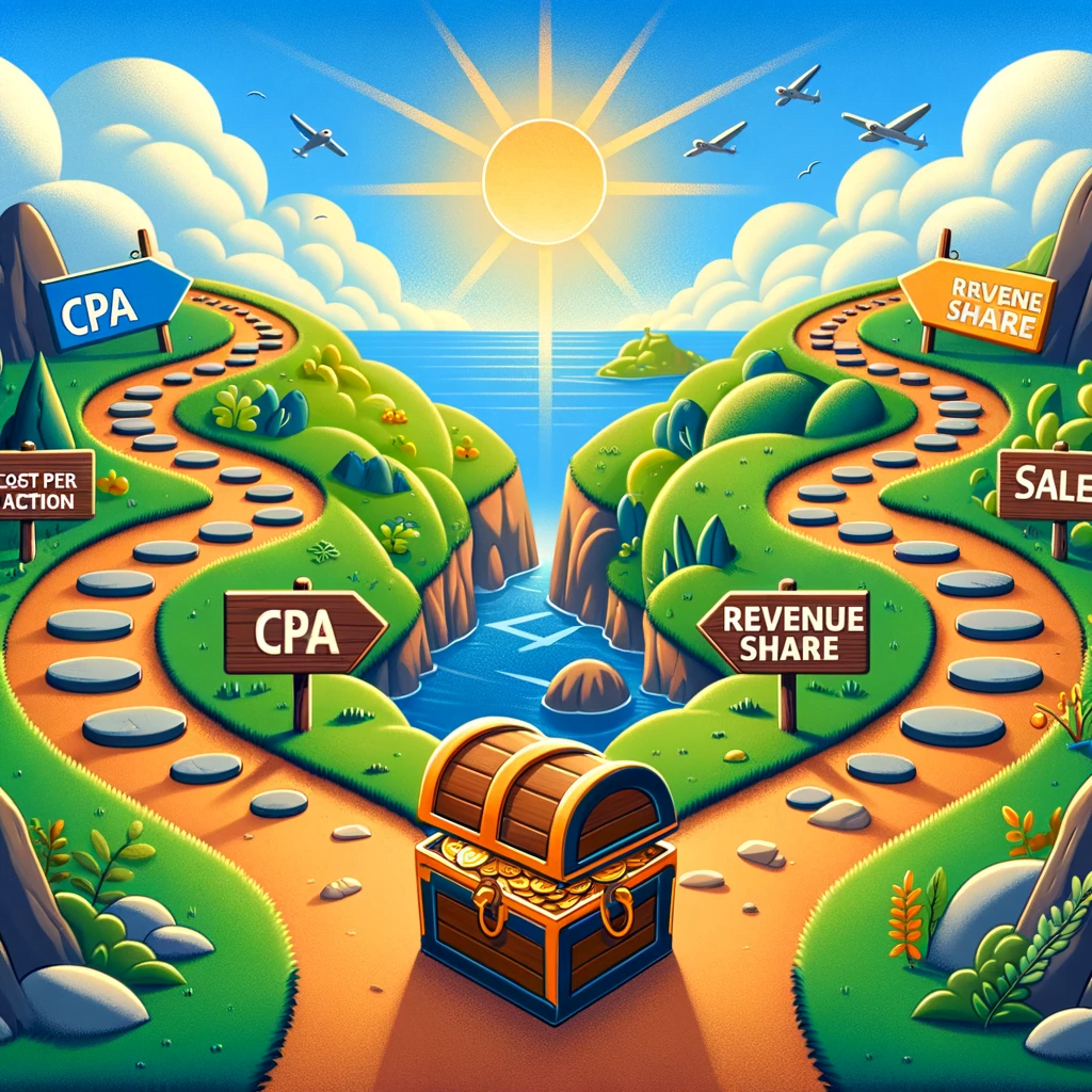 Cartoon path leading to treasure chest, representing CPA Affiliate Marketing vs Revshare.